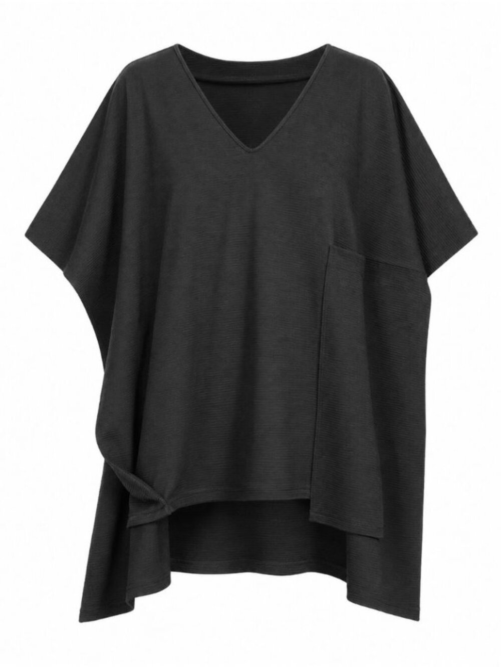 OKAKIE Oversized Ribbed V Neck Tunic Top Black Small Minimalist Lagenlook Boho